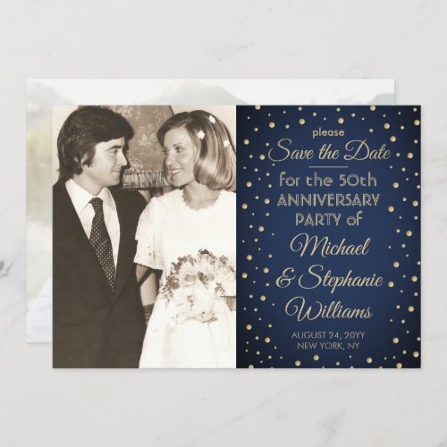 ANY Anniversary 2 Photo Elegant Navy Blue and Gold Save The Date