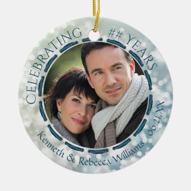 Any Anniversary, 2-Sided 2-Photo Teal/Blue/White Ceramic Ornament (Front)