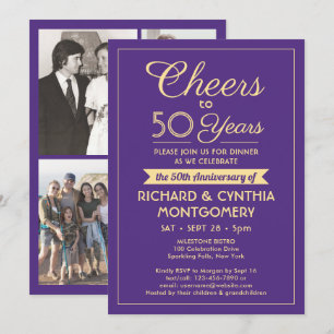 ANY Anniversary Cheers 1 Photo Purple & Gold Party Invitation