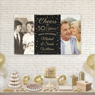 ANY Anniversary Cheers 2 Photo Black and Gold Banner