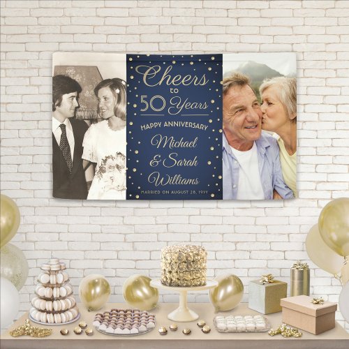ANY Anniversary Cheers 2 Photo Navy Blue and Gold Banner