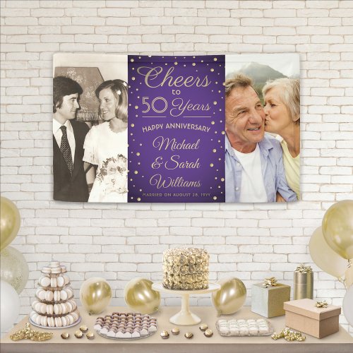 ANY Anniversary Cheers 2 Photo Purple  Gold Party Banner