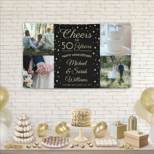 ANY Anniversary Cheers 4 Photo Black and Gold Banner