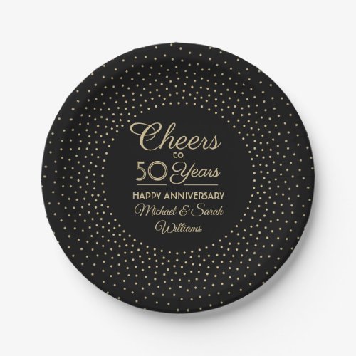ANY Anniversary Cheers Black and Gold Confetti Paper Plates