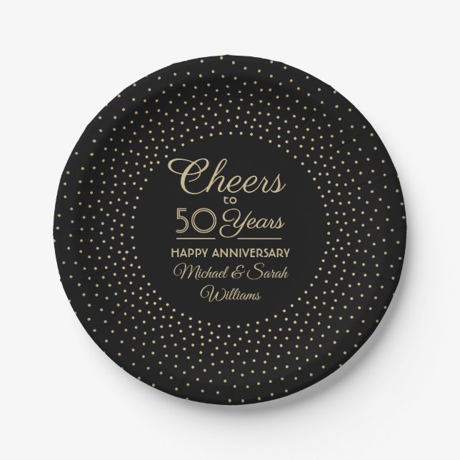 ANY Anniversary Cheers Black and Gold Confetti Paper Plates (Front)