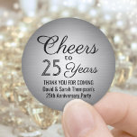 ANY Anniversary Cheers Black and Silver Faux Foil Classic Round Sticker<br><div class="desc">Add a personalized finishing touch to wedding anniversary thank you notes or party favors with these black and faux silver round stickers / envelope seals. All text is simple to customize or delete. This template is set up for a 25th anniversary, but can easily be changed to another year or...</div>