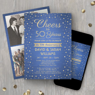 ANY Anniversary Cheers Brushed Blue & Gold 4 Photo Invitation