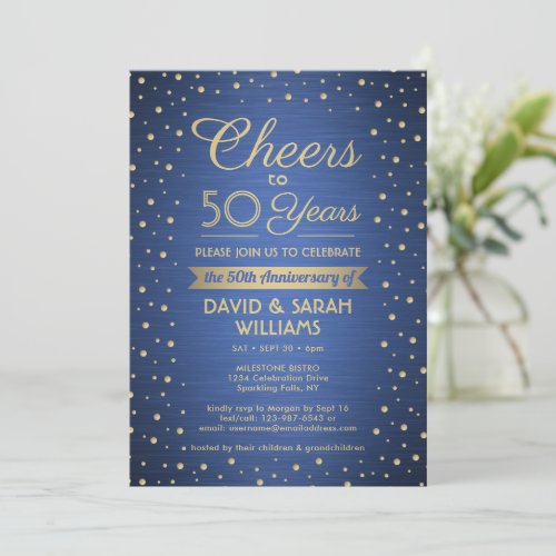 ANY Anniversary Cheers Brushed Blue  Gold Party Invitation