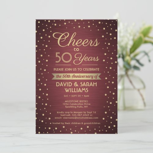 ANY Anniversary Cheers Brushed Burgundy Gold Party Invitation