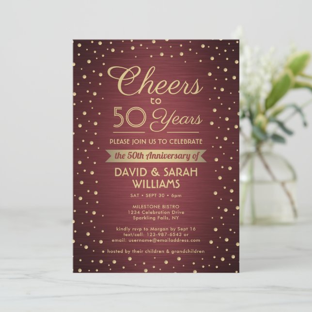 ANY Anniversary Cheers Brushed Burgundy Gold Party Invitation (Standing Front)