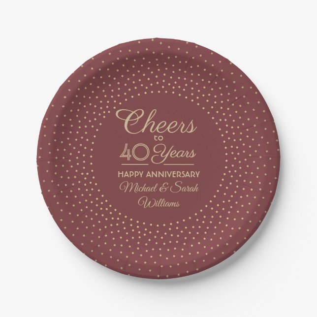 ANY Anniversary Cheers Burgundy and Gold Confetti Paper Plates (Front)