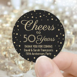 ANY Anniversary Cheers Elegant Black and Gold Classic Round Sticker<br><div class="desc">Add a personalized finishing touch to wedding anniversary thank you notes or party favors with these black and gold round stickers / envelope seals. All text is simple to customize or delete. This template is set up for a 50th anniversary, but can easily be changed to another year or event,...</div>