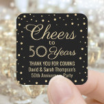 ANY Anniversary Cheers Elegant Black and Gold Square Sticker<br><div class="desc">Add a personalized finishing touch to wedding anniversary thank you notes or party favors with these black and gold square stickers / envelope seals. All text is simple to customize or delete. This template is set up for a 50th anniversary, but can easily be changed to another year or event,...</div>