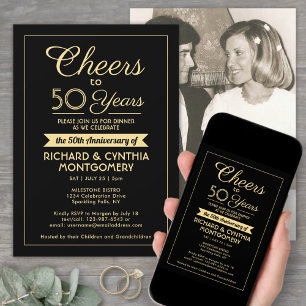 ANY Anniversary Cheers Elegant Black & Gold Photo Invitation
