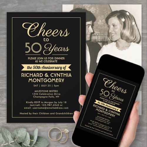 ANY Anniversary Cheers Elegant Black  Gold Photo Invitation