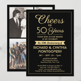 ANY Anniversary Cheers Elegant Black & Gold Photo Invitation