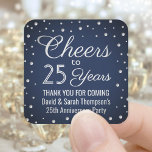 ANY Anniversary Cheers Elegant Navy Blue and White Square Sticker<br><div class="desc">Add a personalized finishing touch to wedding anniversary thank you notes or party favors with these navy blue and grey faux silver square stickers / envelope seals. All text is simple to customize or delete. This template is set up for a 25th anniversary, but can easily be changed to another...</div>