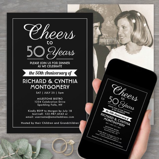 ANY Anniversary Cheers Elegant Photo Black & White Invitation (Creator Uploaded)