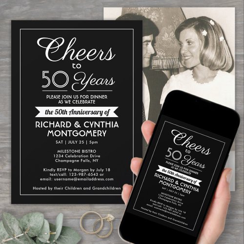 ANY Anniversary Cheers Elegant Photo Black  White Invitation