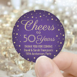 ANY Anniversary Cheers Elegant Purple and Gold Classic Round Sticker<br><div class="desc">Add a personalized finishing touch to wedding anniversary thank you notes or party favors with custom purple and gold round stickers / envelope seals. The wording on this template, including "Cheers to 50 Years, " is simple to customize for any year anniversary or birthday. The design features classic vintage typography,...</div>