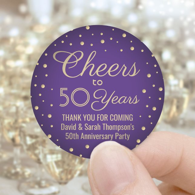 ANY Anniversary Cheers Elegant Purple and Gold Classic Round Sticker (Creator Uploaded)