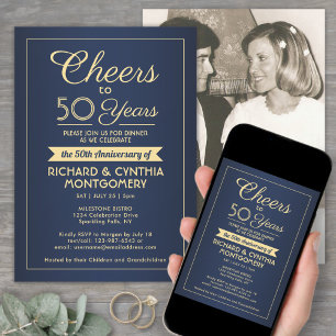 ANY Anniversary Cheers Navy Blue and Gold 1 Photo Invitation