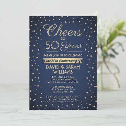 ANY Anniversary Cheers Navy Blue and Gold Confetti Invitation