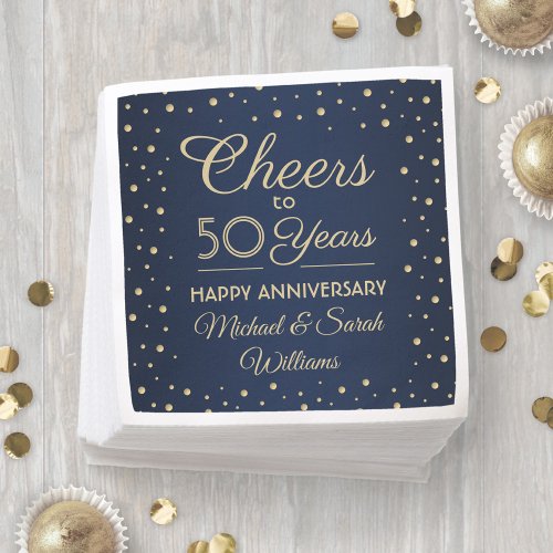 ANY Anniversary Cheers Navy Blue and Gold Confetti Napkins