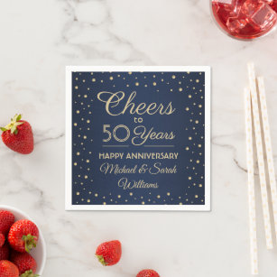 ANY Anniversary Cheers Navy Blue and Gold Confetti Napkins