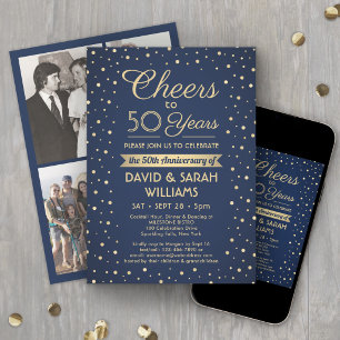 ANY Anniversary Cheers Navy Blue & Gold 4 Photo Invitation
