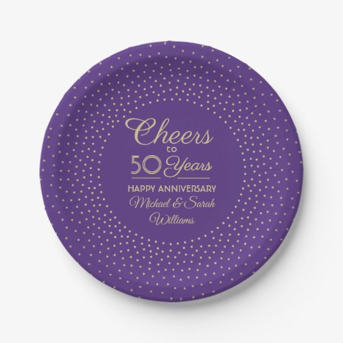 ANY Anniversary Cheers Purple and Gold Confetti Paper Plates