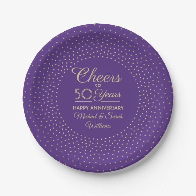 ANY Anniversary Cheers Purple and Gold Confetti Paper Plates (Front)