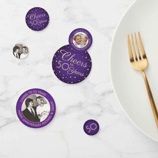 ANY Anniversary Cheers Purple & Gold 3 Photo Table Confetti (Group)