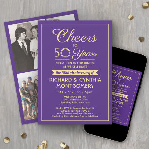 ANY Anniversary Cheers Purple & Gold 4 Photo Party Invitation