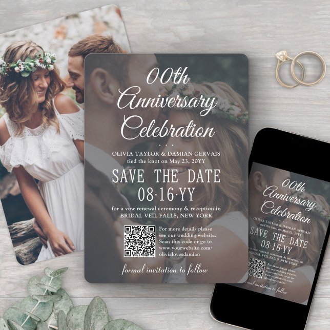 ANY Anniversary Party Elegant 2 Photo & QR Code Save The Date (Creator Uploaded)