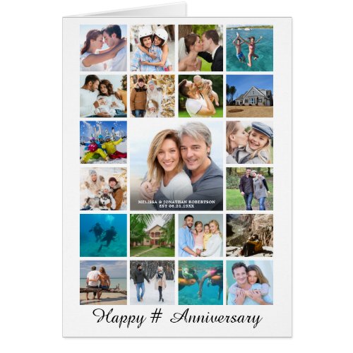 Any Anniversary Photo Collage 21 Photos Custom Car - Celebrate any anniversary (or any occasion) with a photo collage greeting card featuring 21 square photos. The sample shown is for any Anniversary but all text is editable throughout the card to customize and personalize for a unique and memorable greeting card for any occasion or event. PHOTO TIP:  Choose photos with subjects in the center or pre-crop them into square shapes BEFORE uploading and use the CHANGE tab in the PERSONALIZE section. Contact the designer via Zazzle Chat or makeitaboutyoustore@gmail.com if you'd like a design modified, on another product or assistance with an idea you have to create something unique and special.