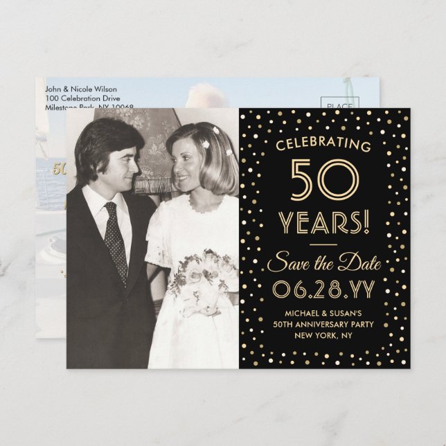 ANY Anniversary Save the Date 2 Photo Black & Gold Invitation Postcard (Front/Back)