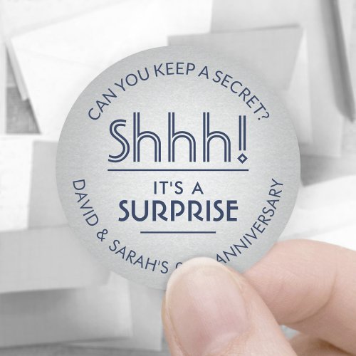 ANY Anniversary Surprise Navy and Faux Silver Foil Classic Round Sticker