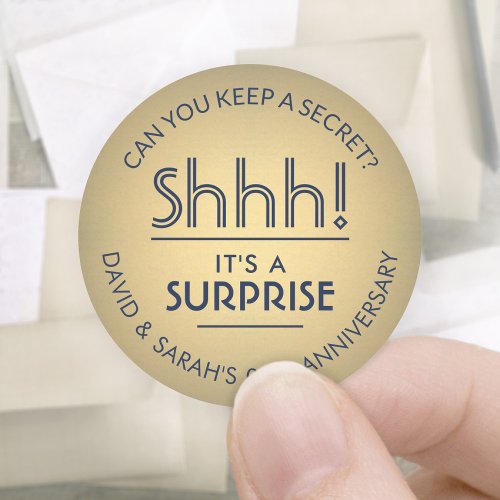 ANY Anniversary Surprise Navy Blue Faux Gold Foil Classic Round Sticker