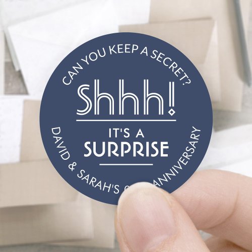 ANY Anniversary Surprise Party Navy Blue and White Classic Round Sticker