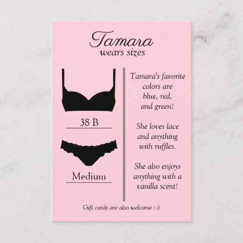 ANY BACKGROUND COLOR Lingerie Size Insert Card