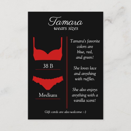 ANY BACKGROUND COLOR Lingerie Size Insert Card