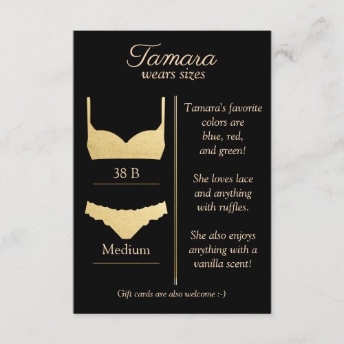 ANY BACKGROUND COLOR Lingerie Size Insert Card