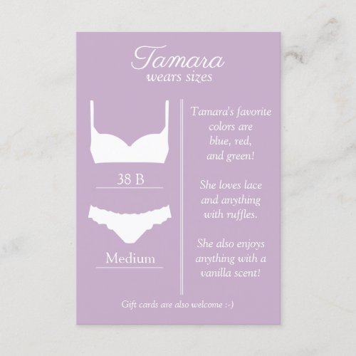 ANY BACKGROUND COLOR Lingerie Size Insert Card