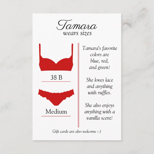 ANY BACKGROUND COLOR: Lingerie Size Insert Card (Front)