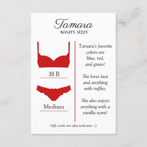 ANY BACKGROUND COLOR Lingerie Size Insert Card