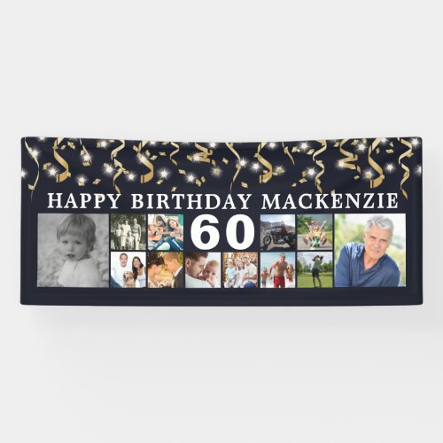 Any Birthday 12 Photo Collage Black Gold Streamers Banner - Celebrate any age birthday for him or her with a fun photo collage banner sign featuring 12 square pictures of photo memories through the years and personalized with your custom text and their age. The design features gold streamers and confetti and white lights against a changeable black background. CHANGES:  The background color and text font style, color, size, spacing and placement can be changed by clicking on CUSTOMIZE FURTHER in the PERSONALIZE section. Contact the designer via Zazzle Chat or makeitaboutyoustore@gmail.com if you'd like this design modified or on another product.