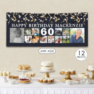 Any Birthday 12 Photo Collage Black Gold Streamers Banner