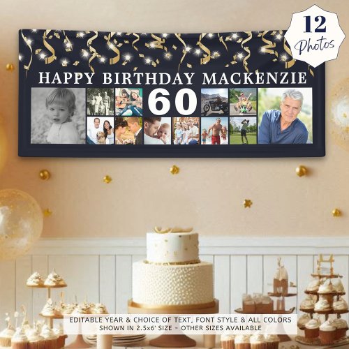 Any Birthday 12 Photo Collage Black Gold Streamers Banner