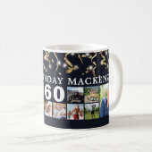 Any Birthday 12 Photo Collage Black Gold Streamers Coffee Mug (Front Right)